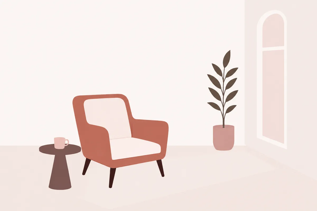 Illustratie van een fauteuil bij een raam, met een kopje op het bijzettafeltje